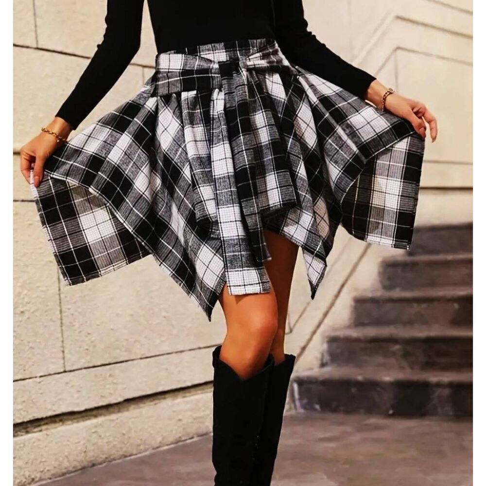 Women's Flannel Asymmetrical Hemline Plaid Front Tie Skirt XLARGE #1 - Picture 2 of 8